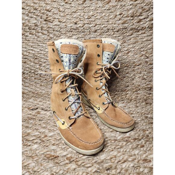 Sperry Top Sider Women's Brown Leather Lace Up Fold Down Fur Boots Size 7 M - Picture 2 of 12